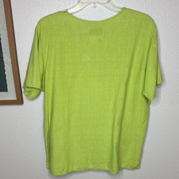 FLAX Women’s Lime Green Short Sleeve Linen Tee with side slits -‎ small - Picture 6 of 8